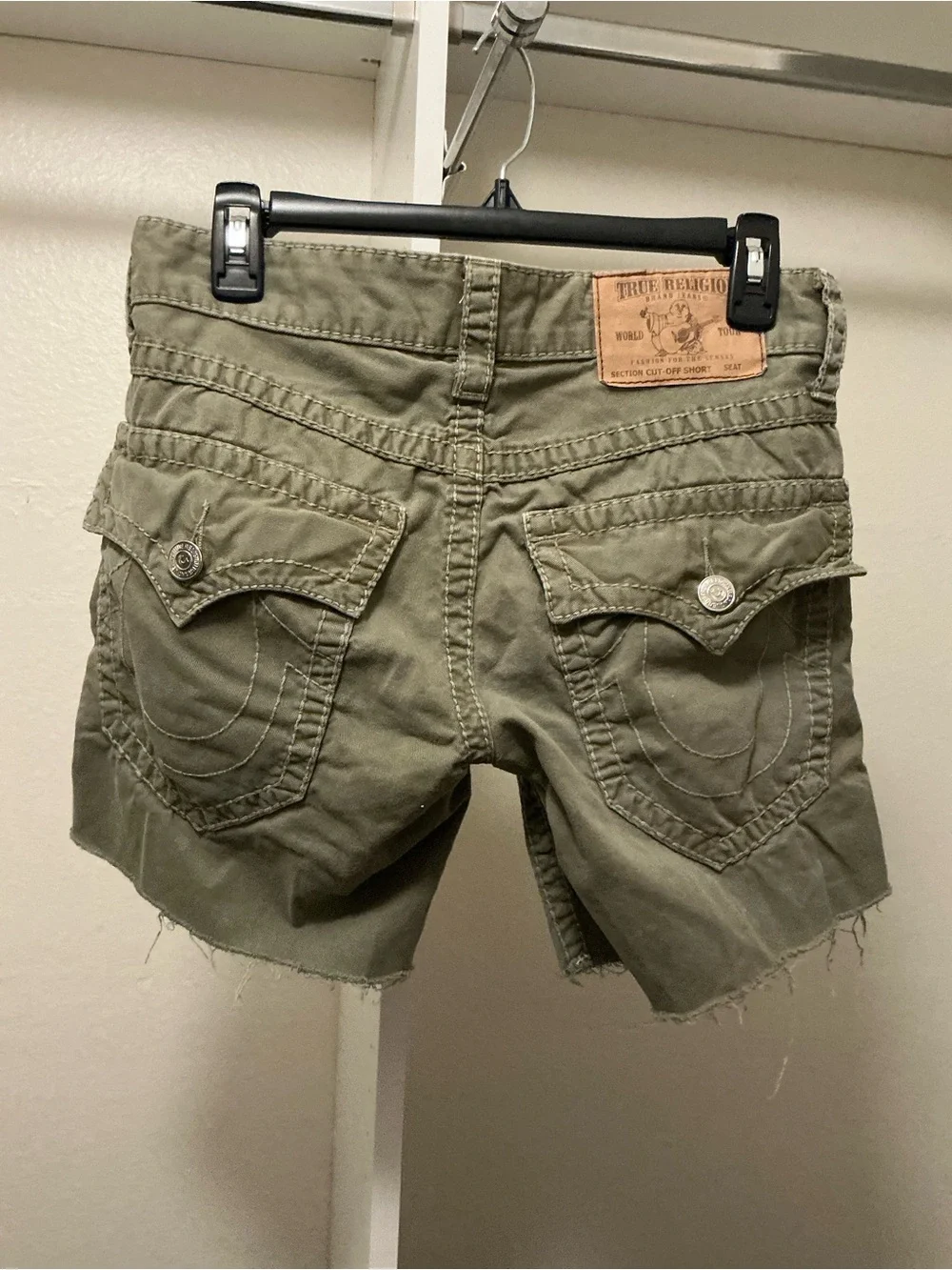 True Religion Olive Cutoff Bermuda Shorts